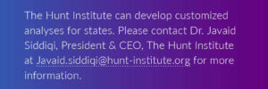 A gradient call out box, suggesting that if you want customized analyses for states, to contact Dr. Javaid Siddiqi, President & CEO of The Hunt Institute.